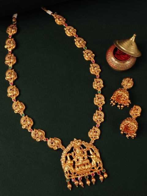 

Rubans Red & Green Stone-Studded Gold-Plated Temple Jewellery Set