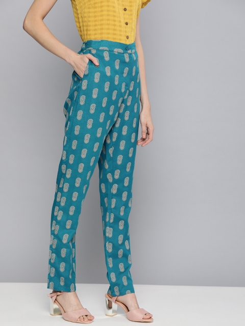 

HERE&NOW Women Teal Blue & Beige Regular Fit Printed Regular Trousers