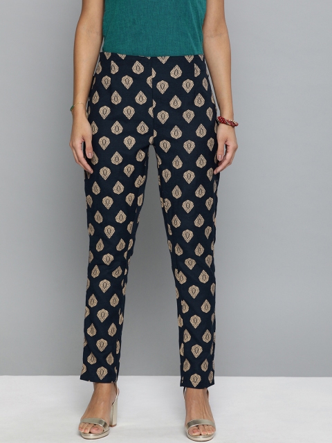 

HERE&NOW Women Navy Blue & Beige Regular Fit Printed Trousers