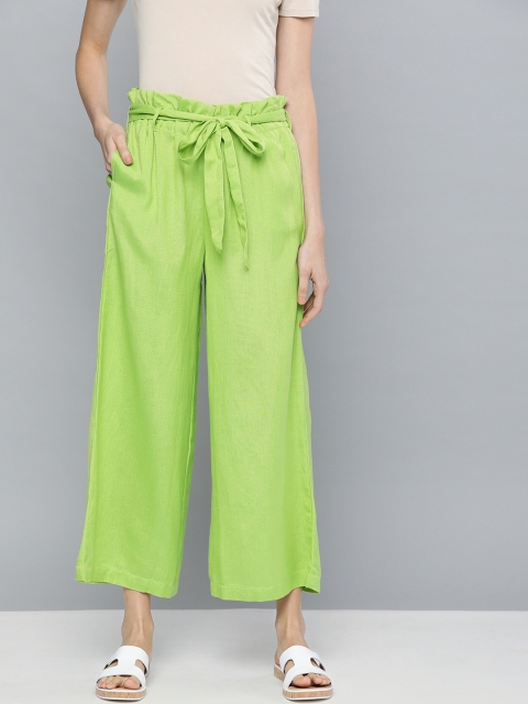 

HERE&NOW Women Fluorescent Green Solid Straight Cropped Palazzos
