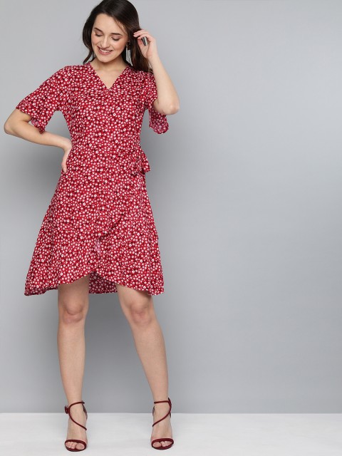 

HERE&NOW Women Red Printed Wrap Dress With Tie-Up Detail