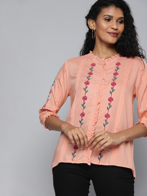 

HERE&NOW Women Pink Embroidered Shirt Style Top