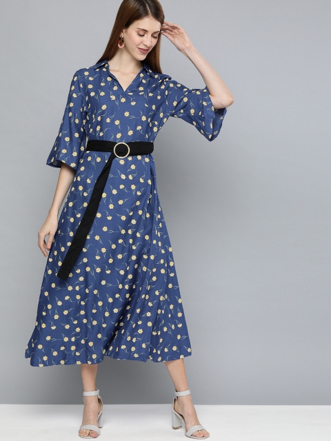 

HERE&NOW Women Blue & Beige Floral Printed Fit and Flare Dress