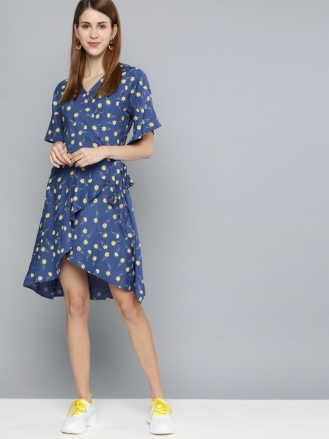 

HERE&NOW Women Blue & Beige Printed Wrap Dress with Tie-Up Detailing