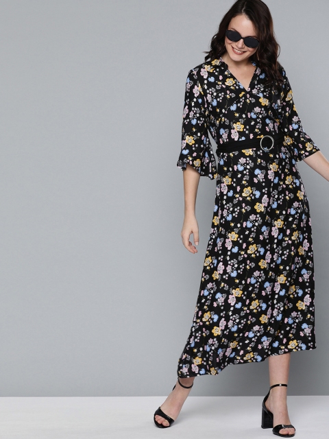

HERE&NOW Women Black Floral Printed Fit and Flare Dress
