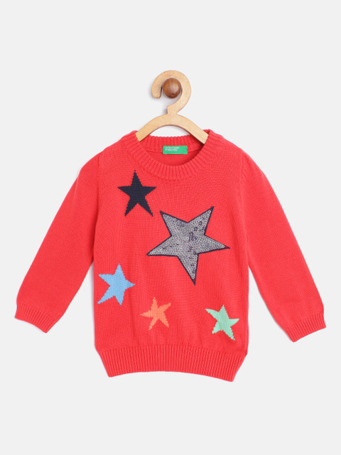 

United Colors of Benetton Girls Red & Navy Blue Pullover with Embroidered Detail