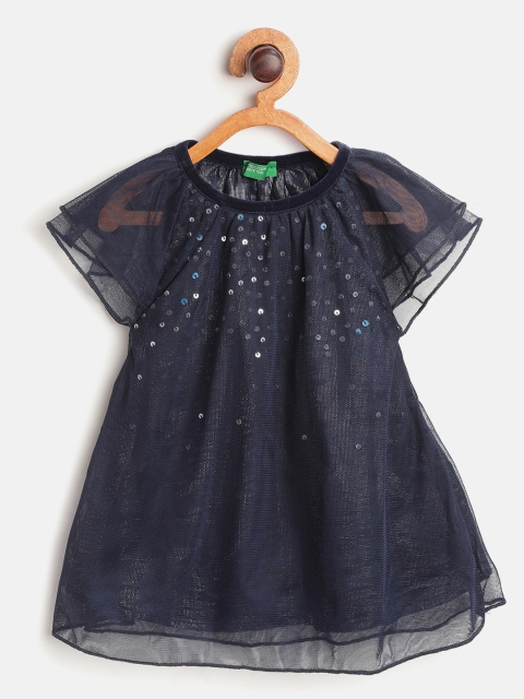 

United Colors of Benetton Girls Navy Blue Sequined Net Layered A-Line Dress