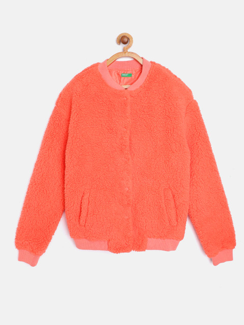 

United Colors of Benetton Girls Coral Orange Sherpa Bomber Jacket