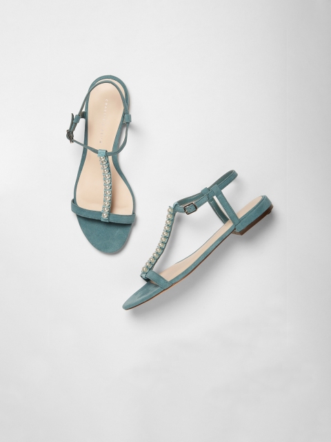 

CHARLES & KEITH Women Green Embellished Suede Open Toe Flats