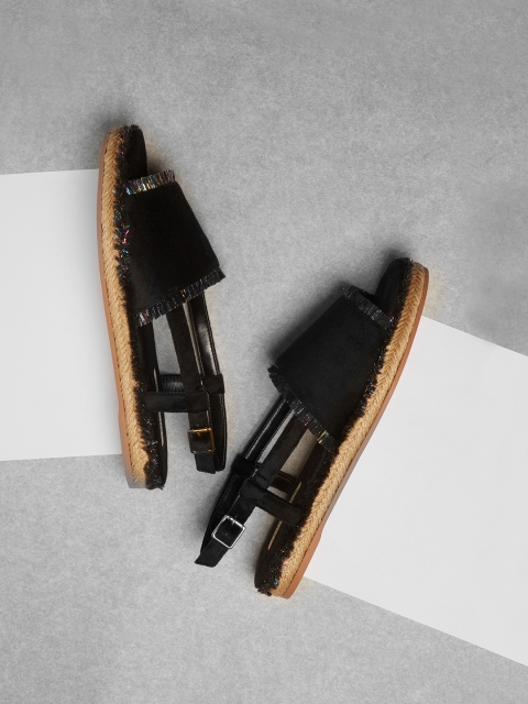 

CHARLES & KEITH Women Black Solid Suede Open Toe Espadrille Flats
