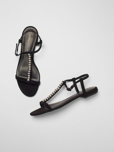 

CHARLES & KEITH Women Black Embellished Suede Open Toe Flats