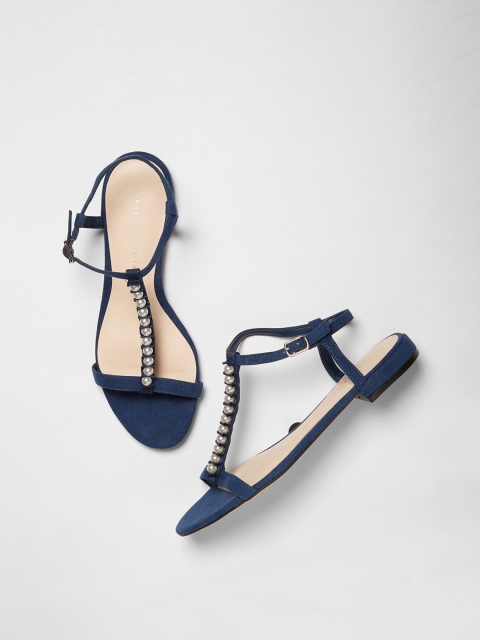 

CHARLES & KEITH Women Navy Blue Embellished Suede Open Toe Flats