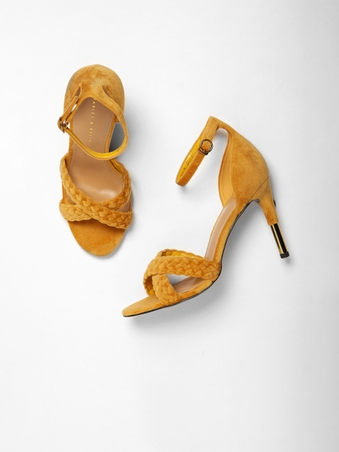 

CHARLES & KEITH Women Mustard Yellow Velvet Woven Design Heels