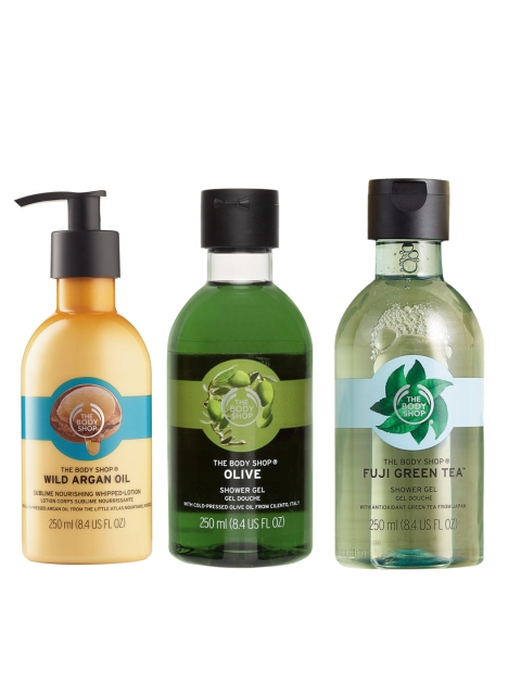 The Body Shop Unisex Set Of Fuji Green Tea & Olive Shower Gel & Wild Argan Oil Body Lotion, White