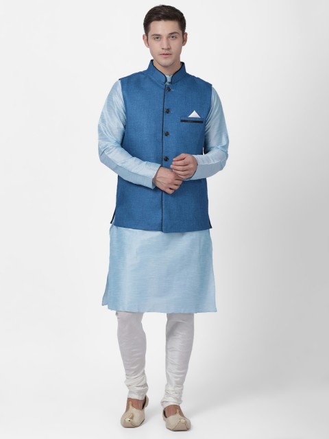 

TABARD Men Blue & White Solid Kurta with Churidar and Nehru Jacket