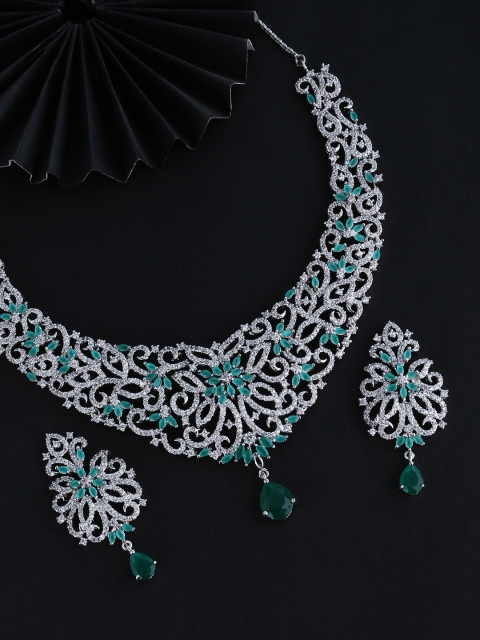 

Voylla Green & White Silver-Plated CZ Stone-Studded Handcrafted Jewellery Set