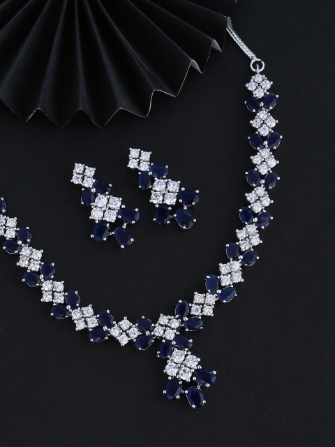 

Voylla Navy Blue & White Silver-Plated Stone-Studded Handcrafted Jewellery Set