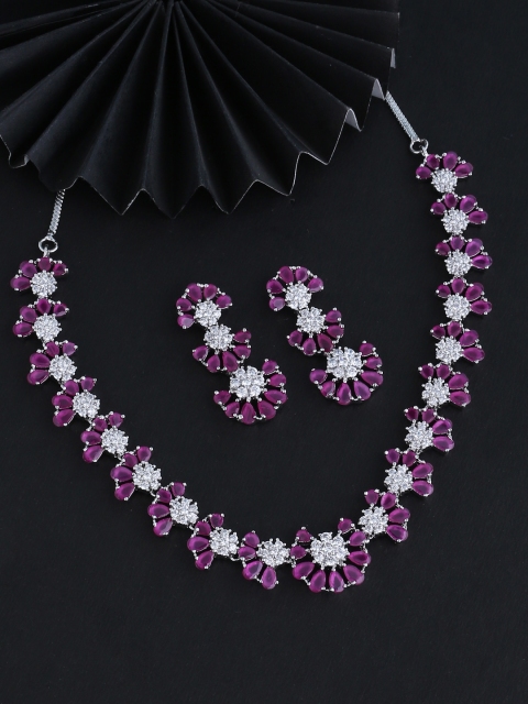

Voylla Magenta & White Silver-Plated Stone-Studded Handcrafted Jewellery Set