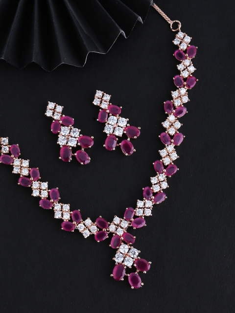 

Voylla Pink & White Rose-Gold Plated CZ Stone-Studded Handcrafted Jewellery Set