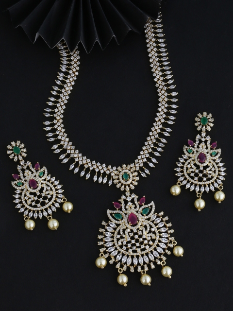 

Voylla White & Green Gold-Plated CZ Stone-Studded Handcrafted Jewellery Set