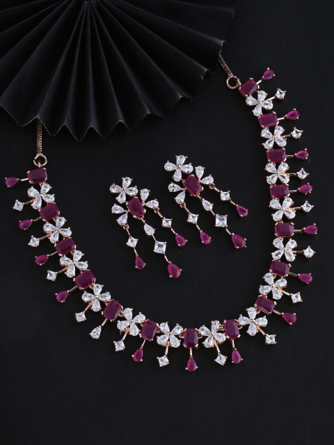 

Voylla Pink & White Rose-Gold-Plated Stone-Studded Handcrafted Jewellery Set