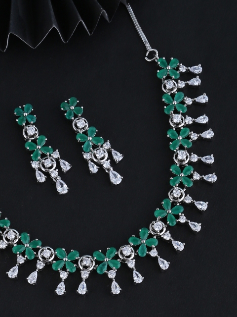 

Voylla Green & White Silver-Plated CZ Stone-Studded Handcrafted Jewellery Set