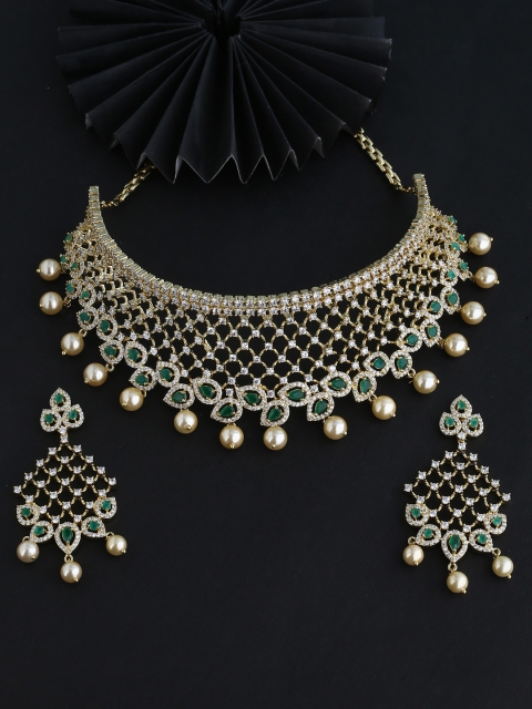 

Voylla White & Green Gold-Plated CZ Stone-Studded Handcrafted Jewellery Set