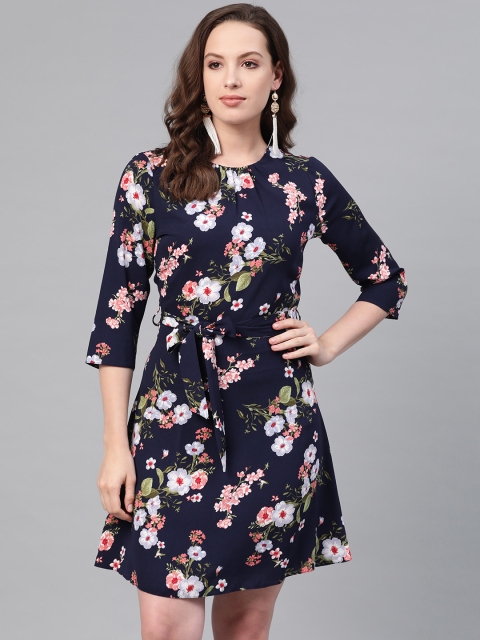 

DOROTHY PERKINS Women Navy Blue & Pink Printed A-Line Dress With Belt
