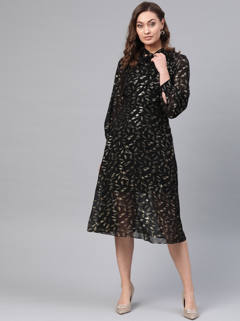 

DOROTHY PERKINS Women Black & Golden Printed Fit and Flare Dress