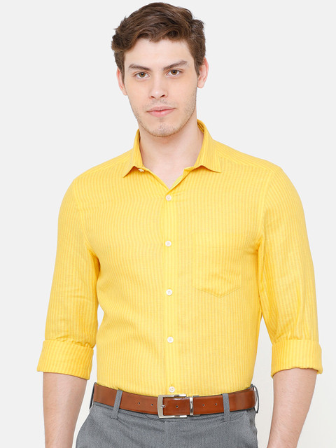

CAVALLO by Linen Club Men Cotton Linen Yellow Regular Fit Striped Sustainable Formal Shirt