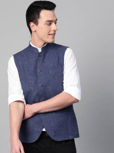 

Blackberrys Men Navy Blue Slim Fit Linen Nehru Jacket