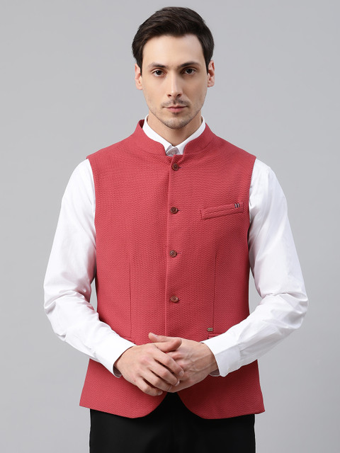 

Blackberrys Men Rust Red Pure Cotton Slim Fit Textured Smart Casual Nehru Jacket