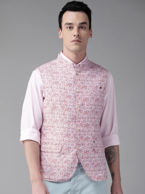 

Blackberrys Men Pink & White Printed Slim Fit Nehru Jacket