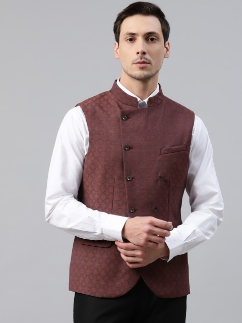 

Blackberrys Men Rust Brown & Blue Woven Design Slim Fit Smart Casual Nehru Jacket