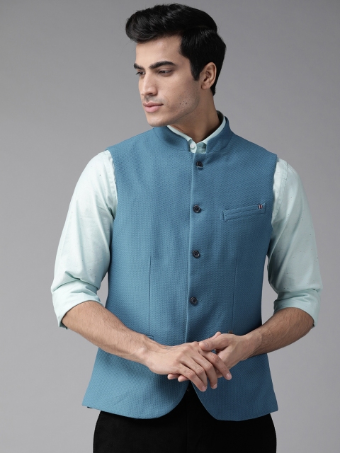

Blackberrys Men Teal Blue Woven Design Slim Fit Pure Cotton Nehru Jacket