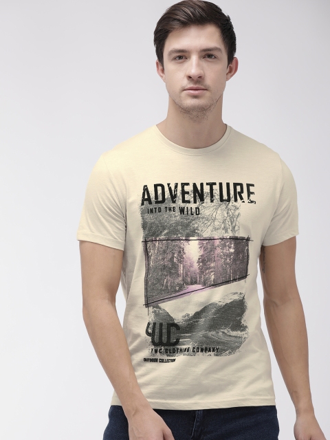 

YWC Men Beige Printed Round Neck T-shirt