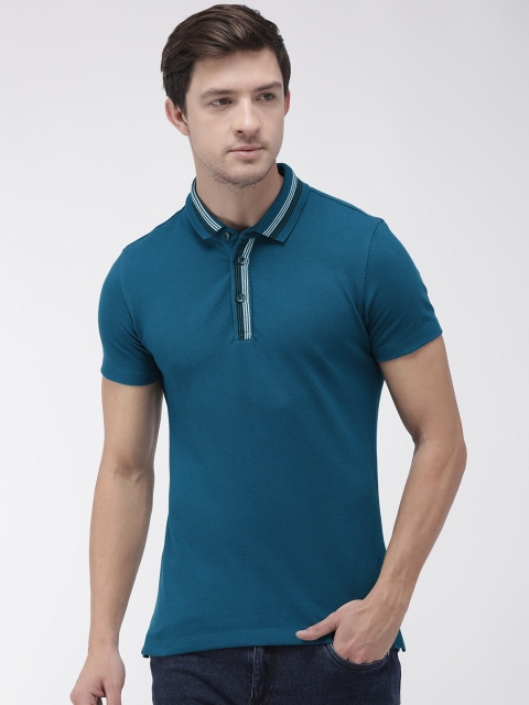 

YWC Men Teal Blue Solid Polo Collar T-shirt