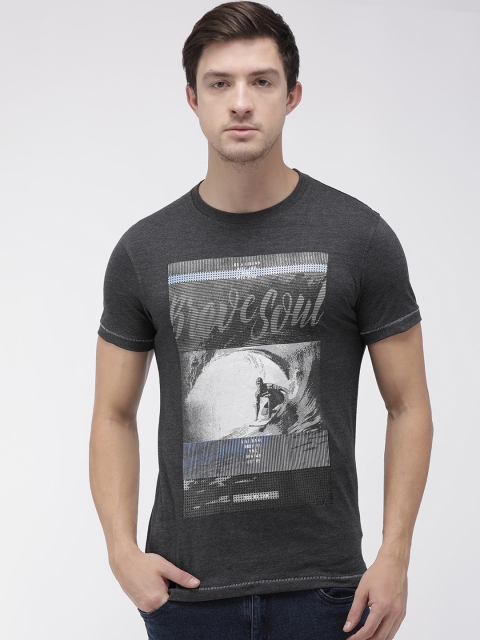 

YWC Men Charcoal Grey Printed Round Neck T-shirt
