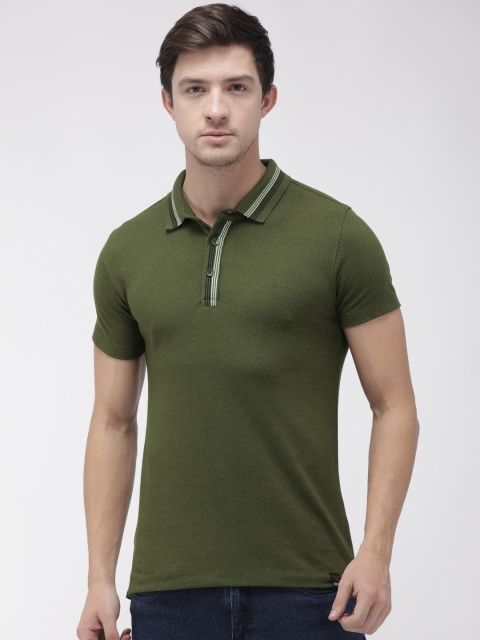 

YWC Men Olive Green Solid Polo Collar T-shirt