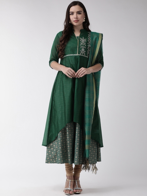 

RANGMAYEE Women Green & Beige Printed Layered A-Line Kurta with Churidar & Dupatta