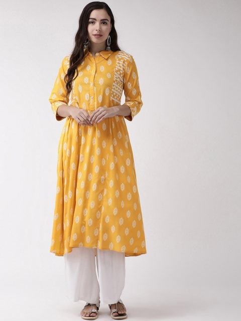 

RANGMAYEE Women Yellow & White Printed A-Line Kurta