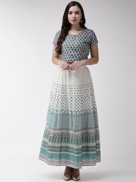 

RANGMAYEE Women Off-White & Teal Green Printed Top with Skirt