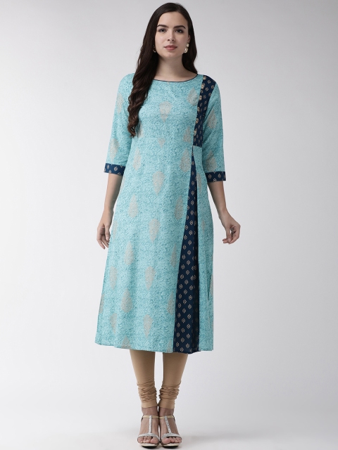 

RANGMAYEE Women Turquoise Blue & Golden Printed A-Line Kurta