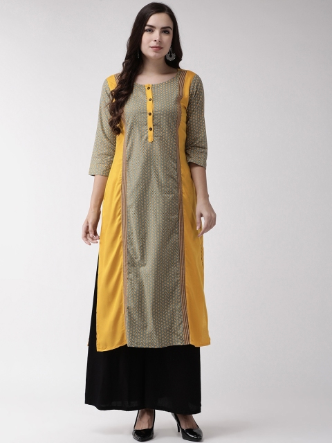 

RANGMAYEE Women Green & Mustard Yellow Printed Straight Kurta