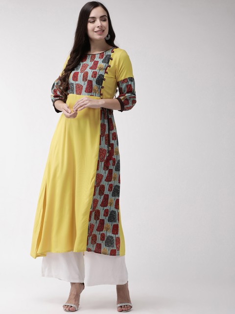

RANGMAYEE Women Mustard Yellow & Green Printed A-Line Kurta