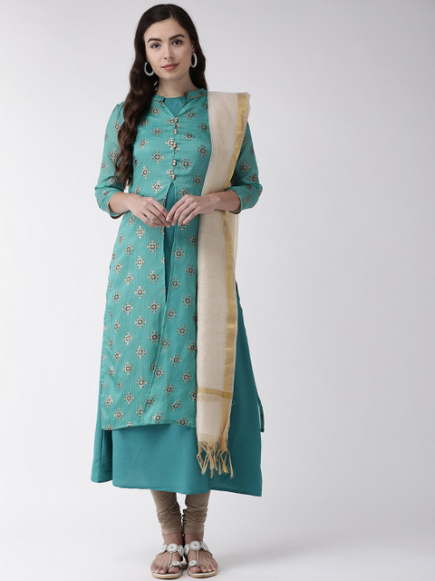 

RANGMAYEE Women Green & Beige Printed Layered Kurta with Churidar & Dupatta