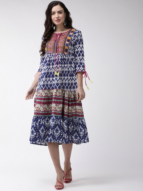 

RANGMAYEE Women Navy Blue & White Printed Tiered A-Line Dress