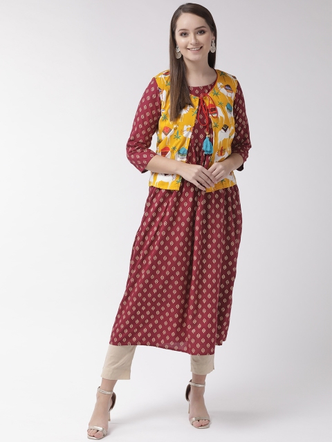 

RANGMAYEE Women Burgundy & Golden Layered Printed A-Line Kurta