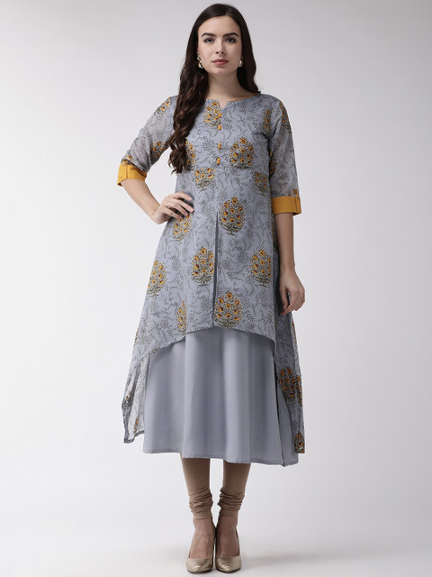 

RANGMAYEE Women Grey & Mustard Yellow Printed A-Line Kurta
