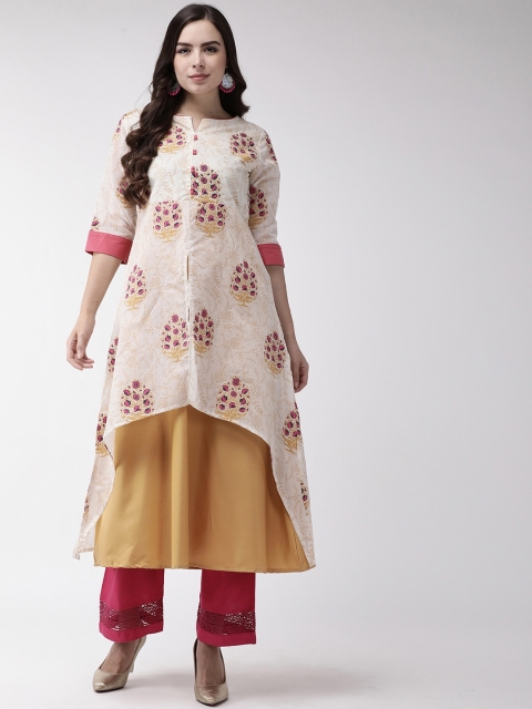 

RANGMAYEE Women Off-White & Mustard Yellow Printed Layered A-Line Kurta